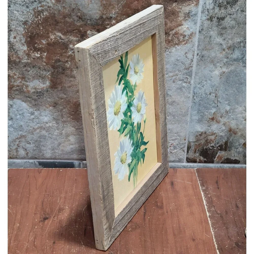 Vintage Oil Painting of Daisies Rustic Wooden Frame Impasto Technique